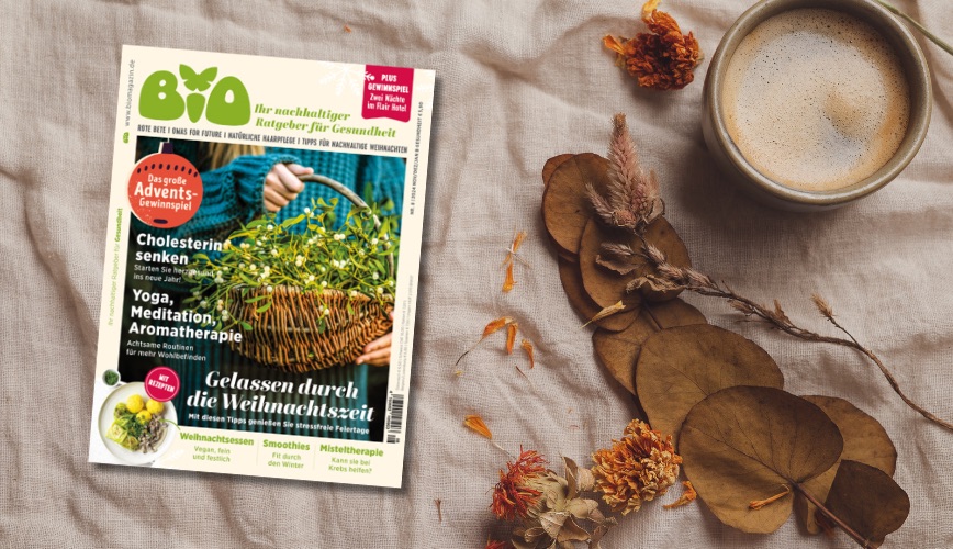 Eine Ausgabe der Zeitschrift BIO liegt auf einer grauen Decke, rechts daneben steht eine Tasse Milchkaffe und herbstliche Deko